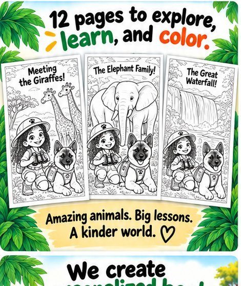 Twelve pages to explore, learn and color: giraffes, elephants, a waterfall