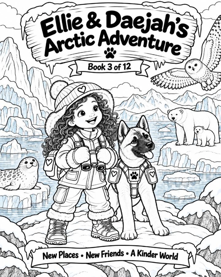 Ellie and Daejah's Arctic Adventure cover concept, with Daejah's upright Akita ears