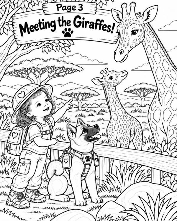 Line art: a girl and her dog meeting giraffes on the savanna